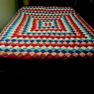 Vintage Handmade Cotton Queen Size Quilt 83"×83"  from 1960’s.